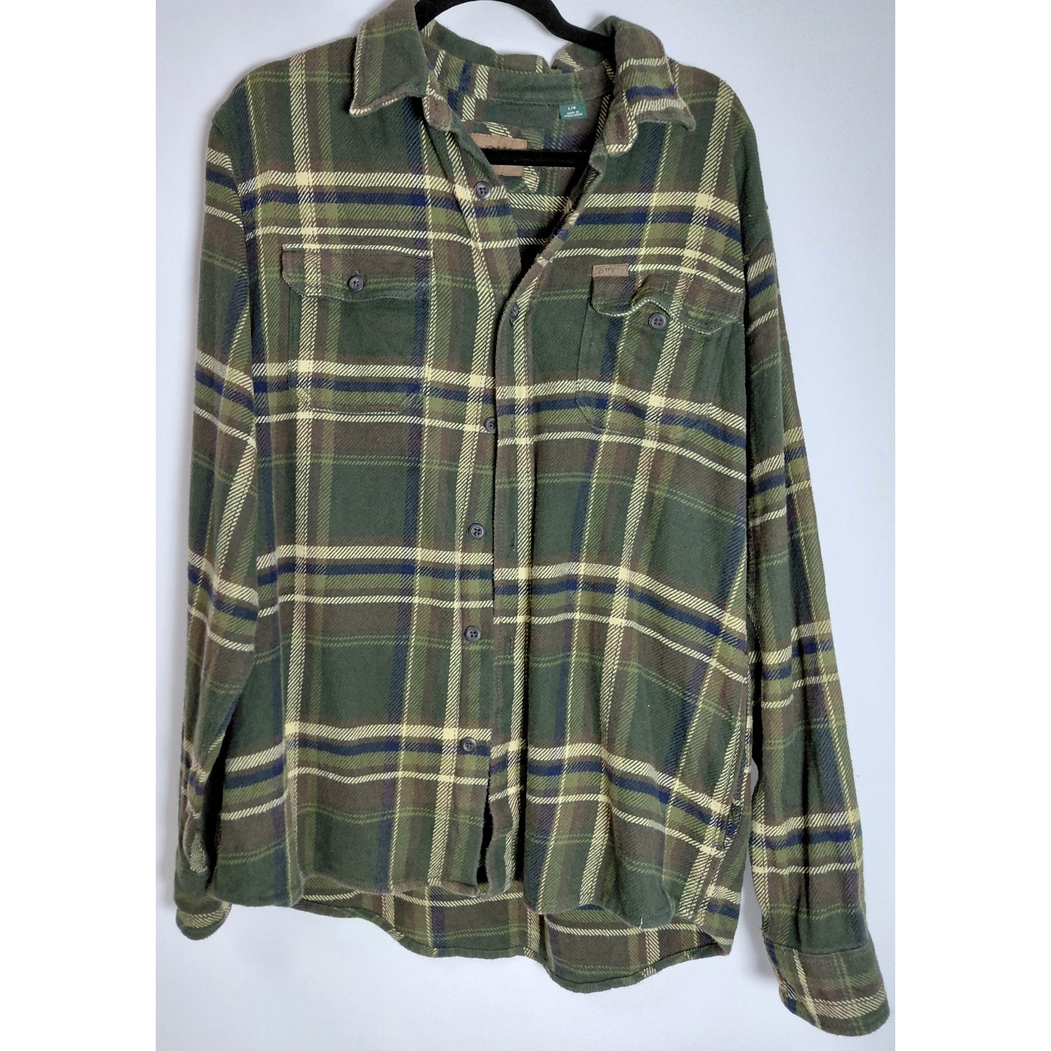 Orvis Plaid Cotton Shirt Green Woven Long Sleeve Men Size L